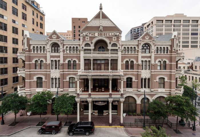 The Driskill Hotel, a historic and spooky destination in Austin, known for its haunting atmosphere and Halloween allure.