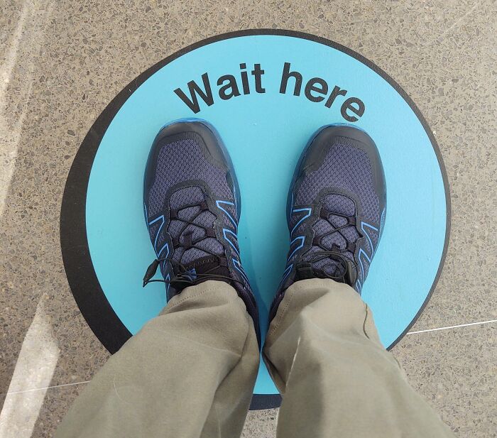 Person standing on a circular blue sticker with the words wait here, illustrating unhinged pics of people following instructions.