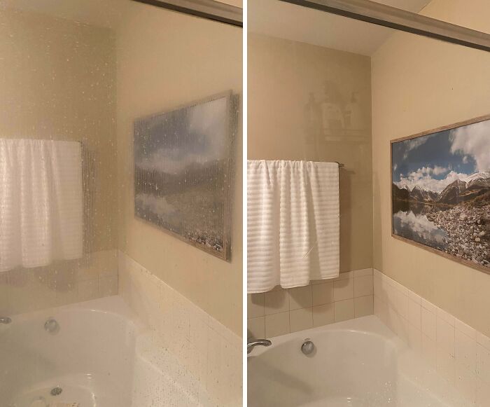 Before and after cleaning photo of a bathtub and shower glass showing satisfying clear results and sparkling bathroom tiles.