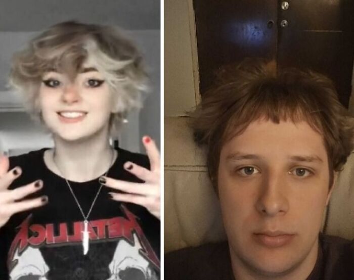 Side-by-side images of two people showing hilariously tragic hair accidents with uneven and unusual hairstyles.