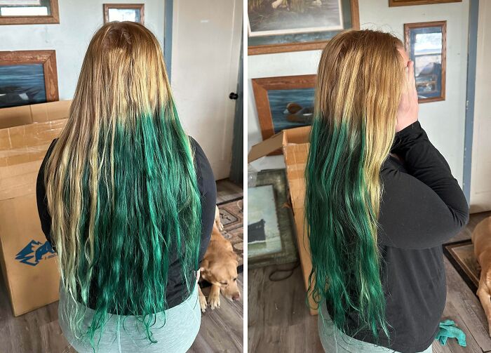 Woman with long hair dyed green at the ends showing a hair accident with uneven, patchy color indoors.