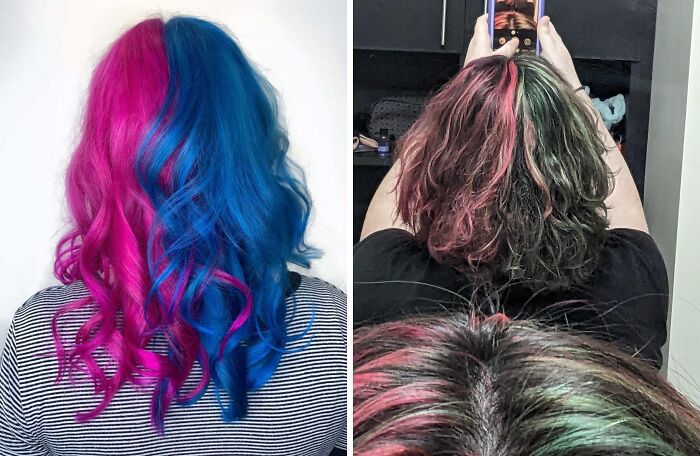 Two side-by-side photos showing hair accidents with uneven and mixed vibrant pink, blue, and green dye jobs.