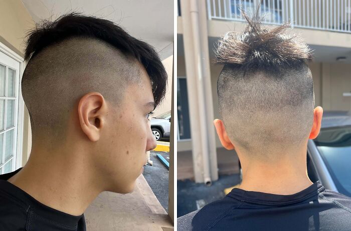 Side and back views of a young man with a hilariously tragic hair accident featuring uneven and patchy haircut.