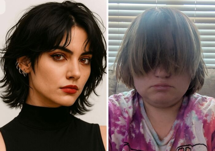 Side-by-side comparison of a stylish haircut and a tragically funny hair accident covering the face with bangs.