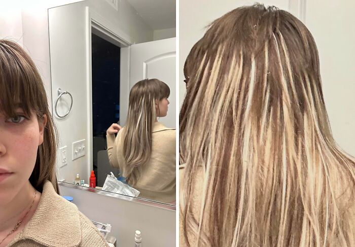 Woman with long hair showing a hilariously tragic hair accident with uneven, streaky highlights in a bathroom mirror reflection. Woman with long hair showing a hilariously tragic hair accident with uneven, streaky highlights in a bathroom mirror reflection.