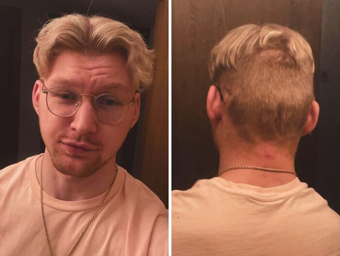 Young man with tragically uneven hair accident, front and back views, wearing glasses and a light pink shirt indoors.