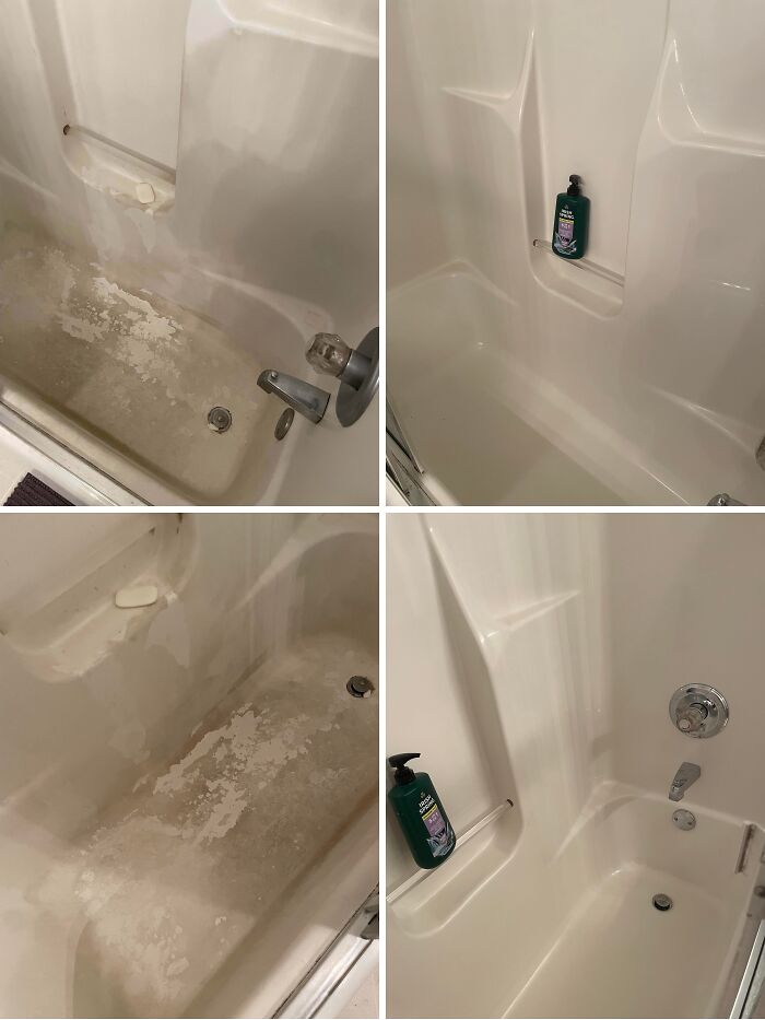 Before and after cleaning photos showing a bathtub transformed from dirty and stained to spotless and shiny.