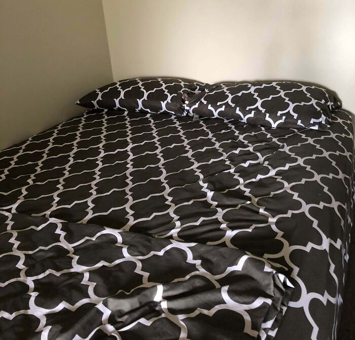 Cat camouflaged on black and white patterned bed sheets, blending perfectly with the surrounding fabric design.