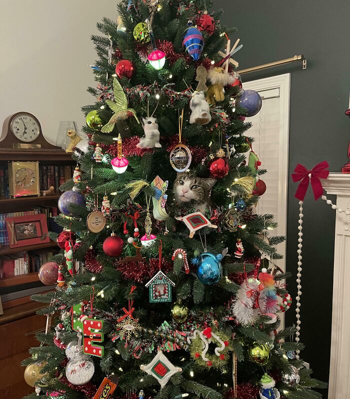 Cat cleverly camouflaged among Christmas tree decorations with colorful ornaments and festive lights.