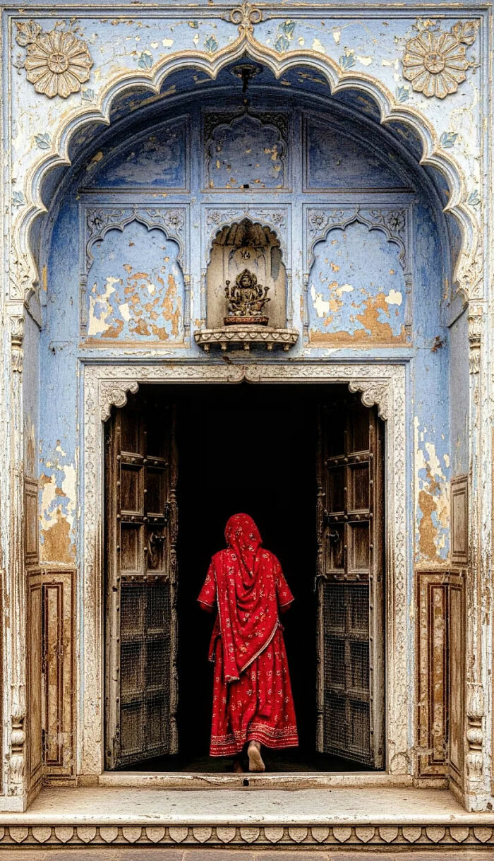 Woman in red traditional attire entering an ornate doorway, capturing the beauty of everyday life in India by street photography.