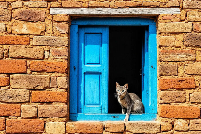 Cat sitting on the blue window frame of a rustic brick house, capturing the beauty of everyday life in India by street photographer.