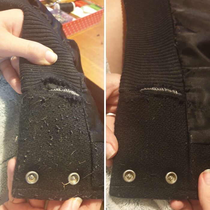 Before and after cleaning photos showing a fabric cuff restoration removing lint and debris for a satisfying result