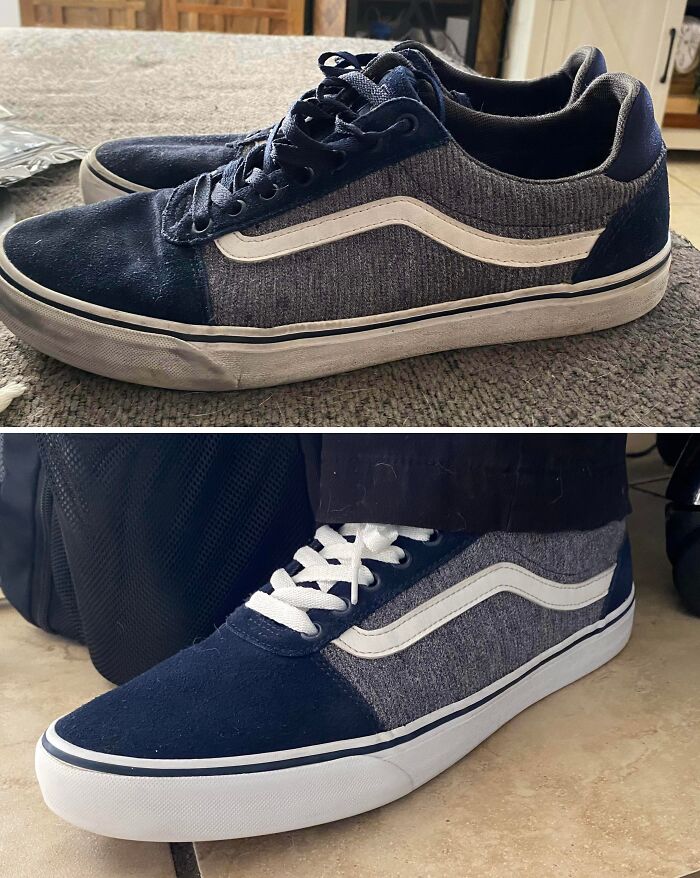 Before and after cleaning photos showing dramatic shoe restoration with brightened colors and spotless soles.