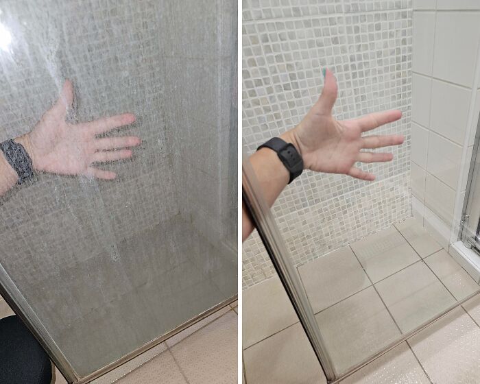 Before and after cleaning photos showing a transparent shower door transformed from dirty to spotless and clear.