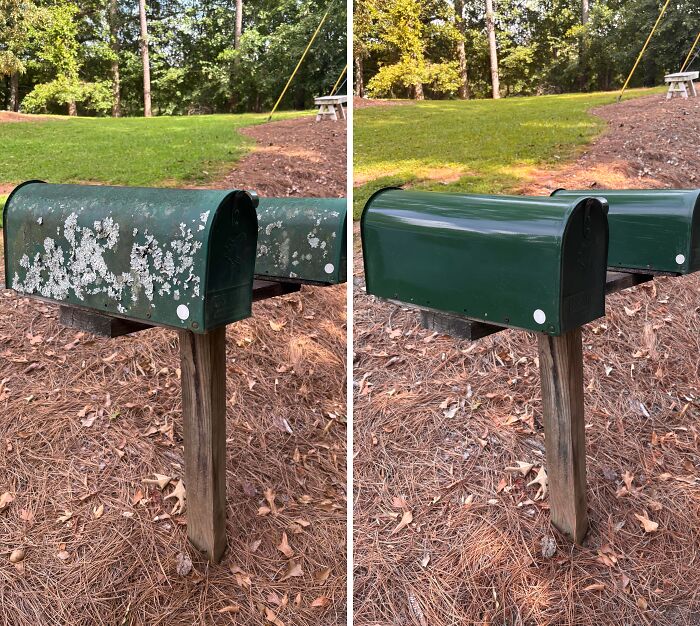Before and after cleaning photos showing a mailbox restored from moldy and dirty to clean and shiny outdoors.