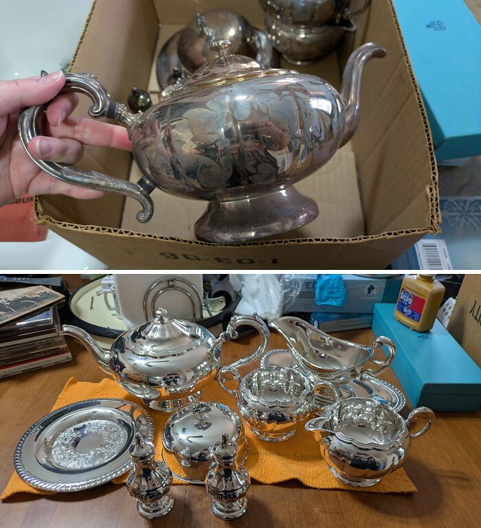 Before and after cleaning photo showing tarnished silver teapot restored to a shiny, polished tea set on a wooden table.