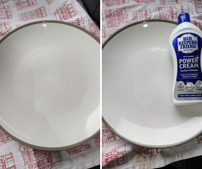Before and after cleaning photo showing a ceramic plate restored to clean condition using a surface cleaner cream.