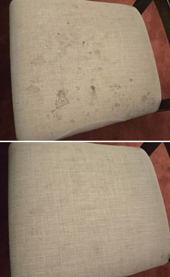 Before and after cleaning photos showing a beige fabric chair seat with significant stain removal and restoration.