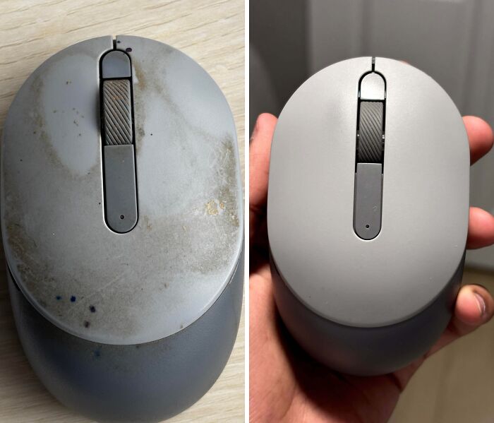 Before and after cleaning photo showing a dirty computer mouse restored to a spotless and pristine condition.