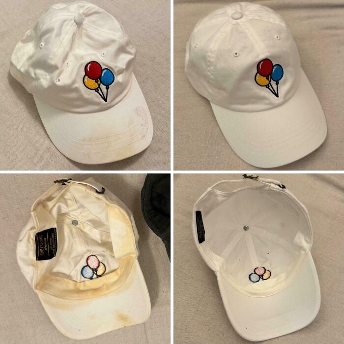 Before and after cleaning photos showing a white cap with balloon embroidery restored from dirty to clean.