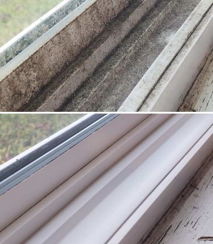 Before and after cleaning photos showing a dirty window sill transformed into a spotless and bright surface.