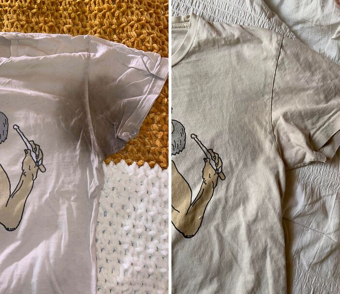 Before and after cleaning photo showing a heavily stained shirt transformed to a clean, stain-free garment.