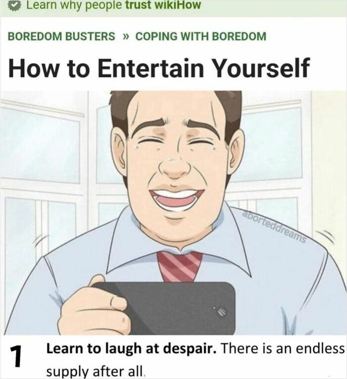 Man laughing at phone screen with caption about coping and entertaining yourself in funny relatable memes.