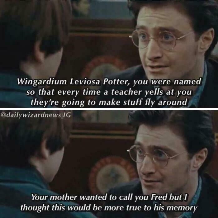 Harry Potter meme featuring a humorous scene with Harry explaining the meaning behind his name in Gryffindor common room style.