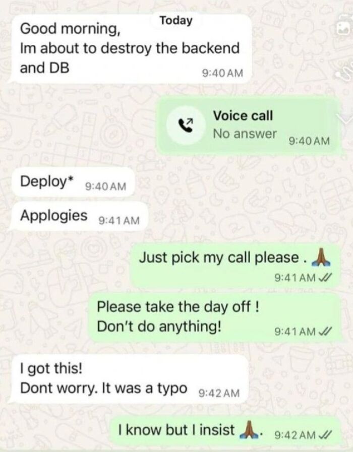 Chat messages discussing a programming typo about deploying backend and database with humorous tone in programming memes.