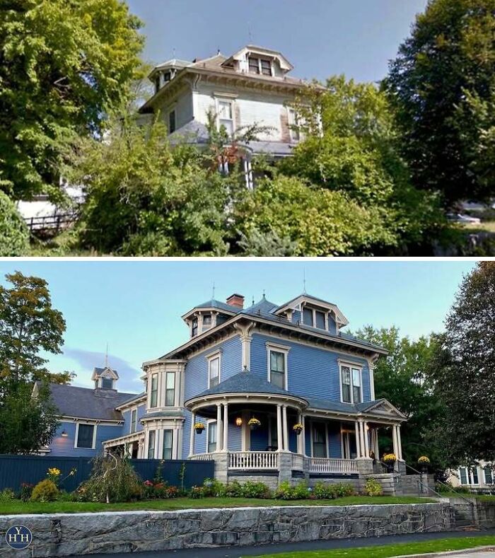 Before and after photos of a historic house restoration showcasing the transformation of a neglected property to restored historical glory.