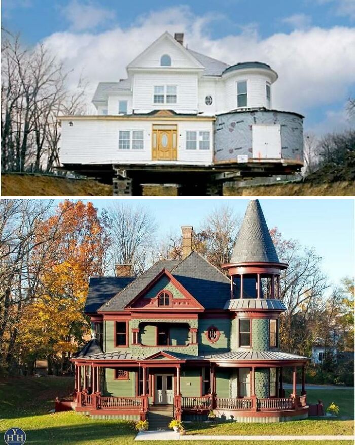 Historic house restoration process showing before and after transformation with detailed exterior preservation and repairs.