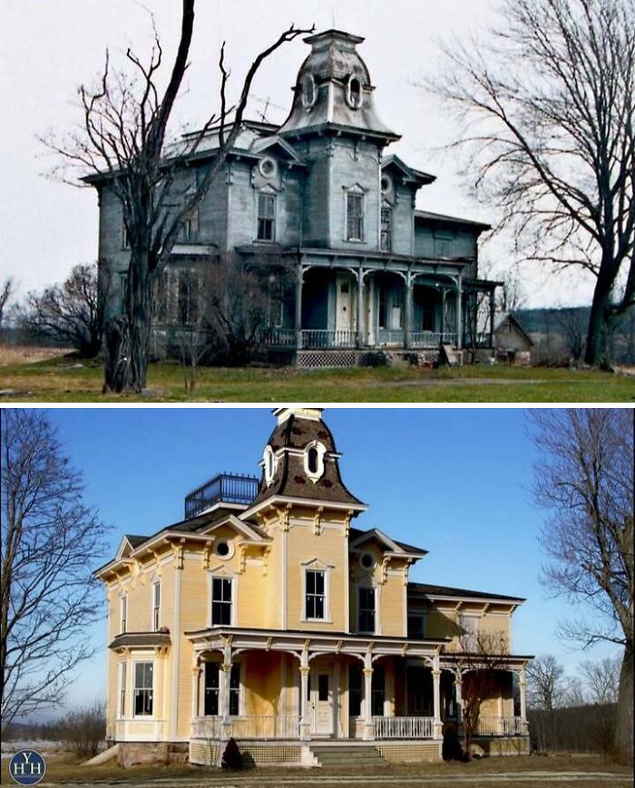 Before and after images of a historic house restored to its original architectural glory and charm.