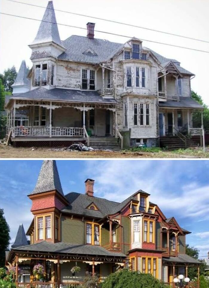 Victorian house before and after restoration showcasing historical glory with detailed woodwork and vibrant colors.