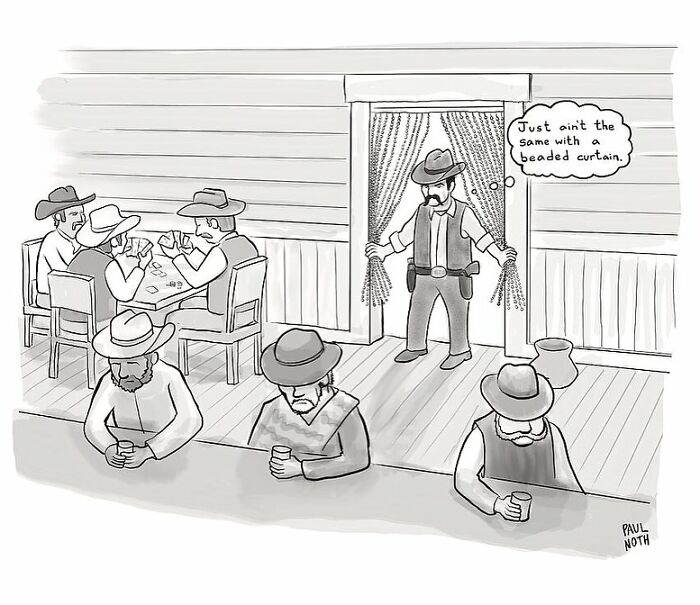 Western saloon scene in a funny one-panel comic by New Yorker cartoonist Paul Noth with cowboy holding beaded curtain.