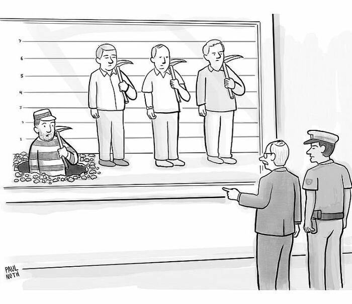 Lineup of men holding pickaxes with one trapped in a hole, a funny one-panel comic by New Yorker cartoonist Paul Noth.