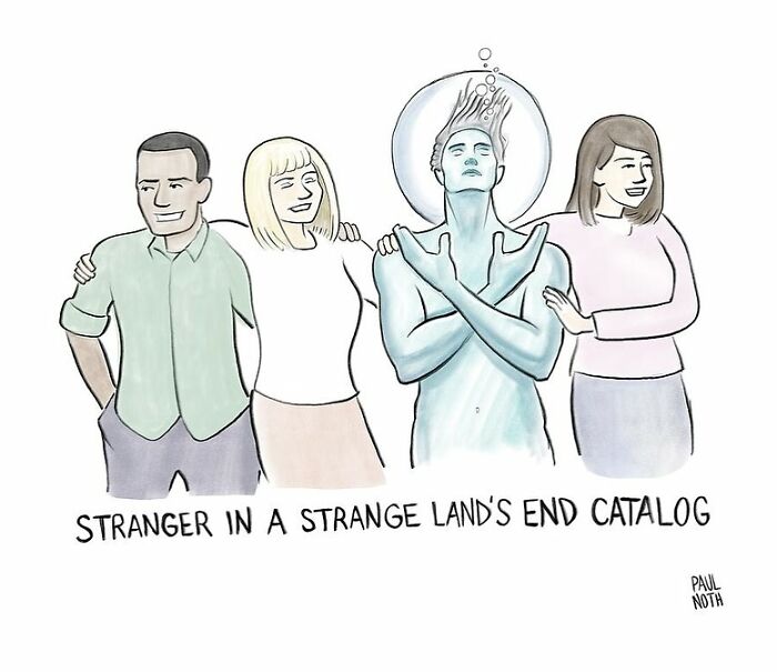 One-panel comic by Paul Noth shows a man with a bubble helmet among smiling people, captioned Stranger in a Strange Land.