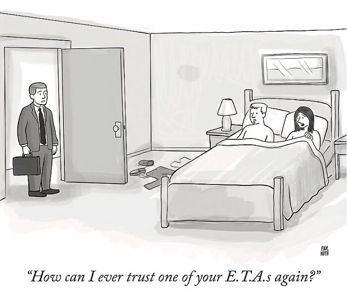 Funny one-panel comic by Paul Noth showing a man surprised to find another man in bed with his partner.