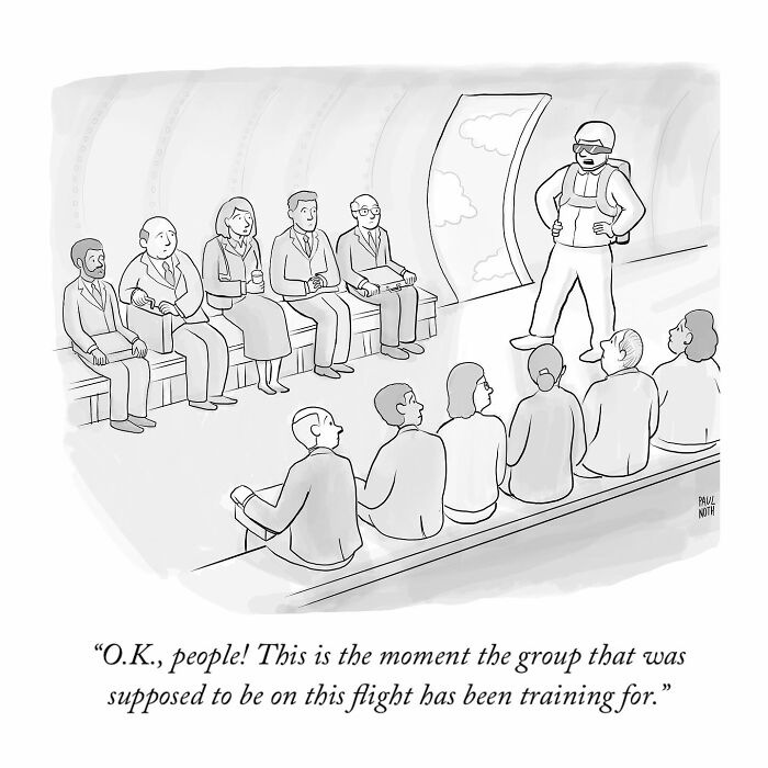 One-panel comic by Paul Noth showing passengers on a plane and a pilot preparing them for an unusual flight.