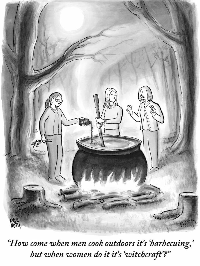 Three women outdoors around a large cauldron fire in a comic by New Yorker cartoonist Paul Noth.