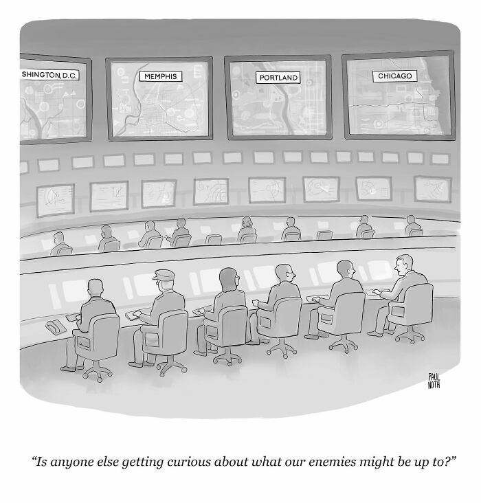One-panel comic by Paul Noth showing a control room with people monitoring city maps, highlighting humor and curiosity.