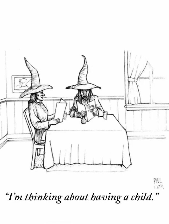 Two witches wearing tall hats sit at a table reading menus in a funny one-panel comic by Paul Noth.