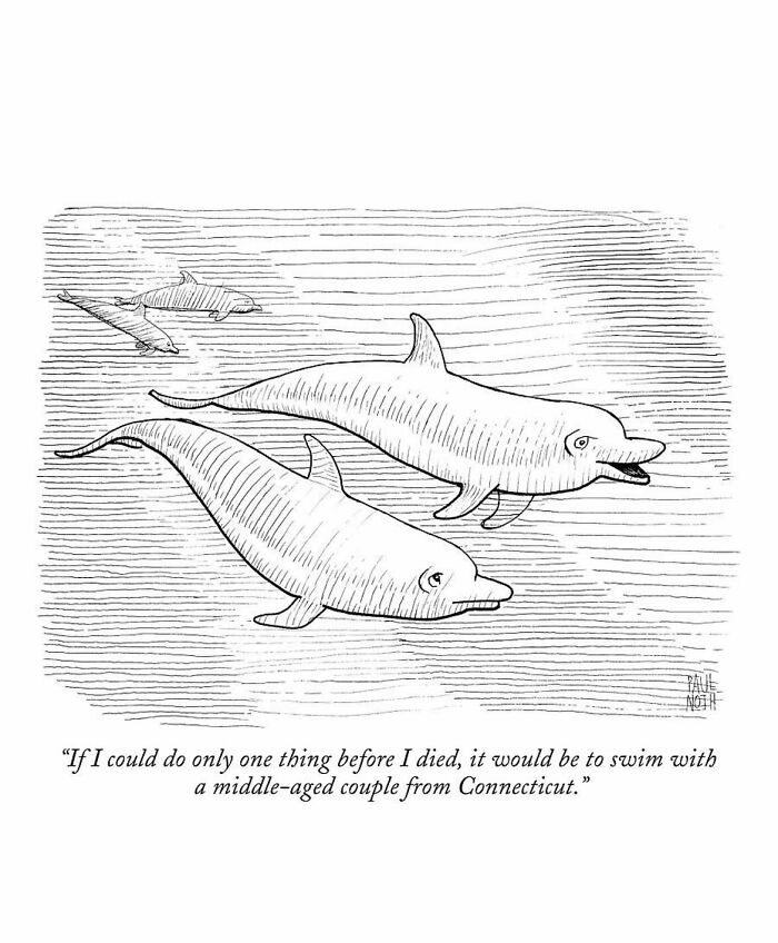 Two dolphins swimming with a humorous caption, a funny one-panel comic by New Yorker cartoonist Paul Noth.