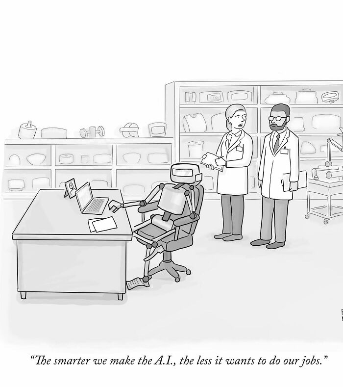 Funny one-panel comic by Paul Noth showing a robot at a desk with two scientists discussing AI work reluctance.