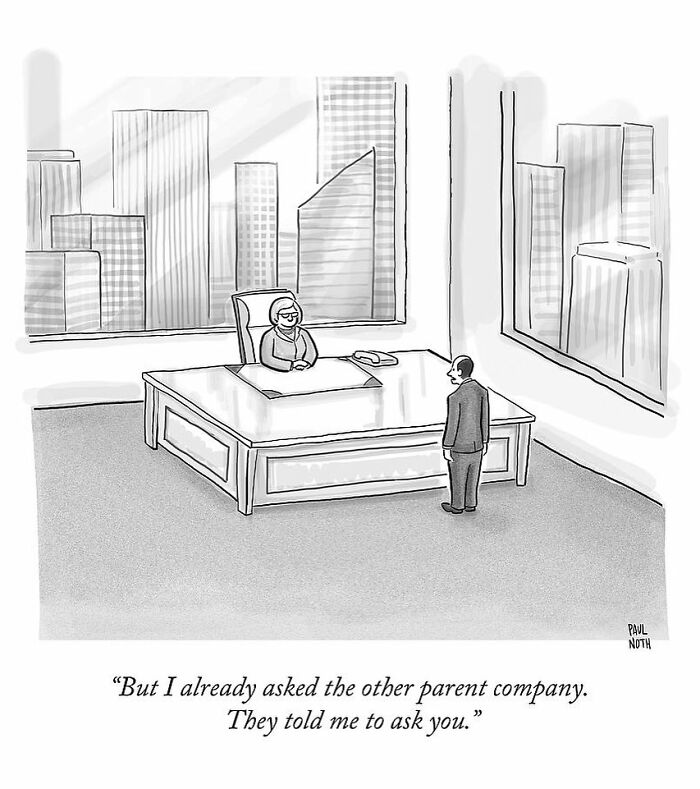 One-panel comic by Paul Noth showing a man at a desk in a high-rise office, illustrating corporate humor.