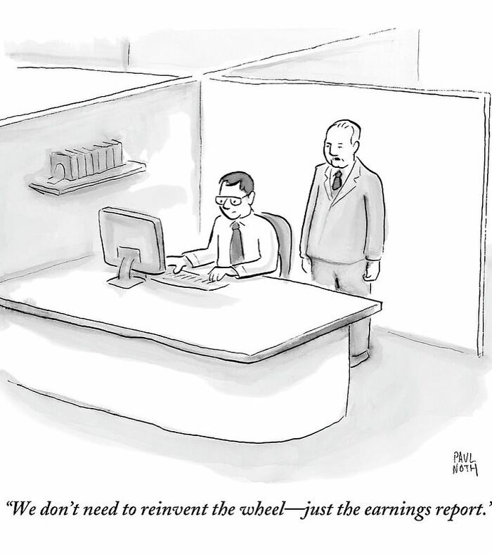 Black and white funny one-panel comic by Paul Noth showing two office workers discussing an earnings report.