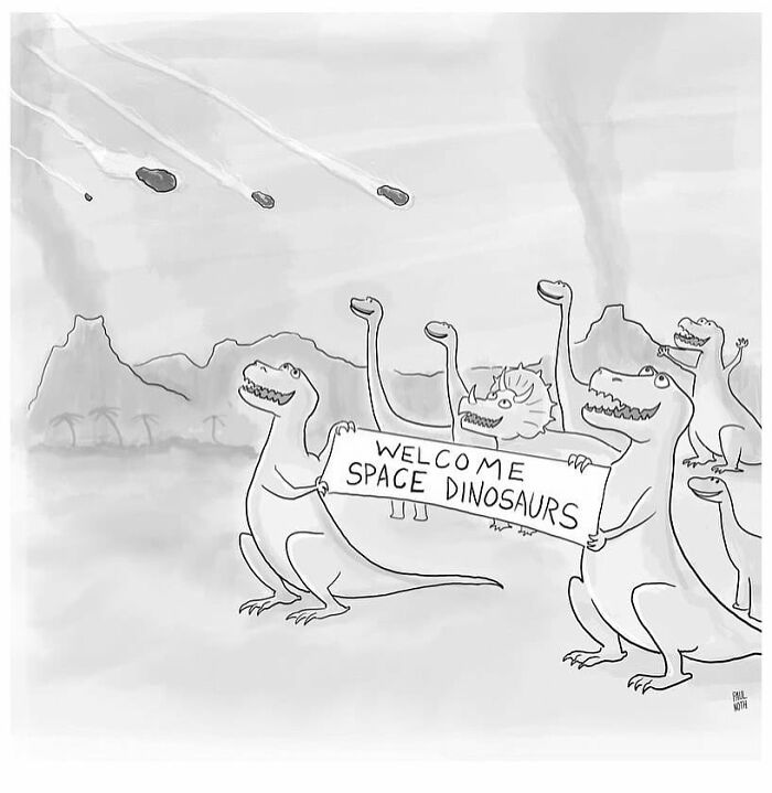 Funny one-panel comic by Paul Noth showing dinosaurs holding a welcome sign for incoming space meteors.
