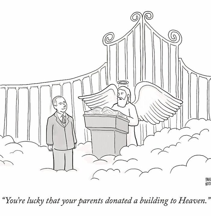 Funny one-panel comic by Paul Noth showing a man at heaven's gate speaking to an angel with clouds and gates background.