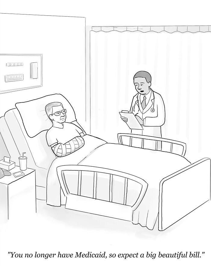 Patient with a cast in hospital bed hearing a doctor explain a big bill in a funny one-panel comic by Paul Noth