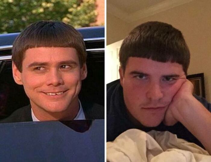 Side-by-side images of two men with similarly tragic, uneven haircuts highlighting hilarious hair accidents. Side-by-side images of two men with similarly tragic, uneven haircuts highlighting hilarious hair accidents.