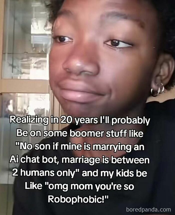 Person with skeptical expression and text about future boomer opinions on AI chat bot marriage, related to posts that hit different at 3AM.